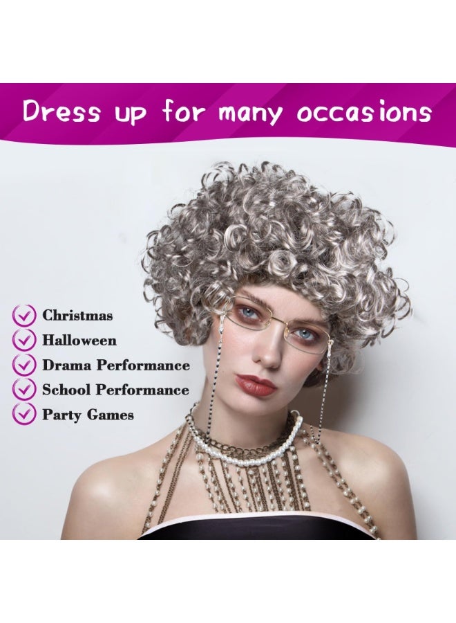 NajmStyle Old Lady Wig Costume for Women, 100 Days of School Costume for Kids Girls, Halloween Granny Costume Party Wigs with Glasses, Glasses Chain, Necklace, Wig Dress Up Costume Cosplay Supplies(5Pcs) - Image 3