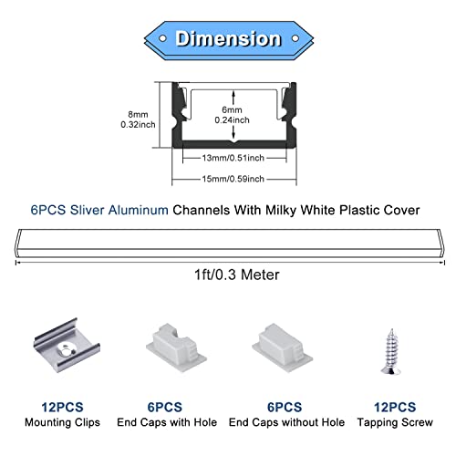 VST 6Pack 1ft U Shape LED Aluminum Channel System with Milky Cover, End Caps and Mounting Clips, LED Diffuser Channel for LED Strip Light, Very Easy Installation - Image 2