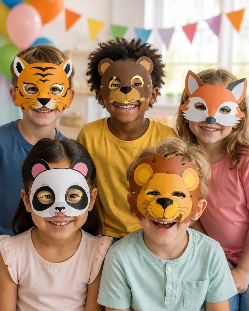 Birthday Decoration Animal Masks – Set of 20 Jungle Animal Designs A set of 20 animal masks featuring various jungle animal shapes in different sizes. Each mask is equipped with an elastic strap that easily fits all head sizes. Perfect for birthday parties, themed celebrations, and school activities. - Image 1