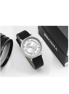 BROSHA Original men's watch with leather strap Silver frame and Silver ...