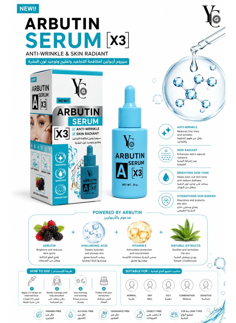 YC X3 Arbutin Serum - Anti-Wrinkle, Skin Brightening, Tone Correcting Facial Serum with Hyaluronic Acid & Vitamin E, 30g - Image 2