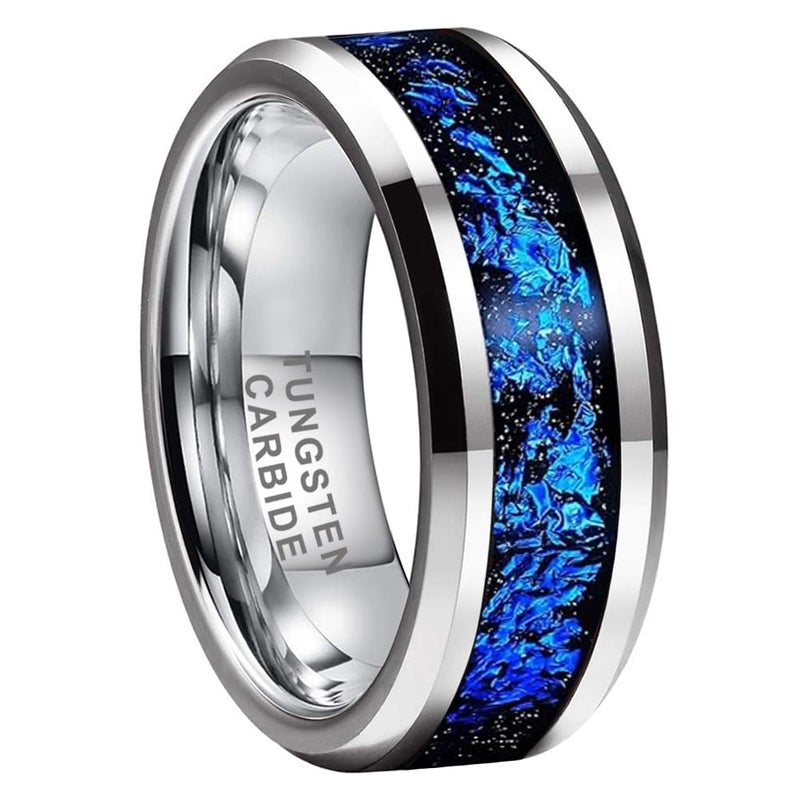 TUTISS 8mm Tungsten Rings for Men Women Blue Foil Fragment Inlay Promise Engagement Wedding Band Beveled Polished Shiny Comfort Fit Size 11 - Image 1