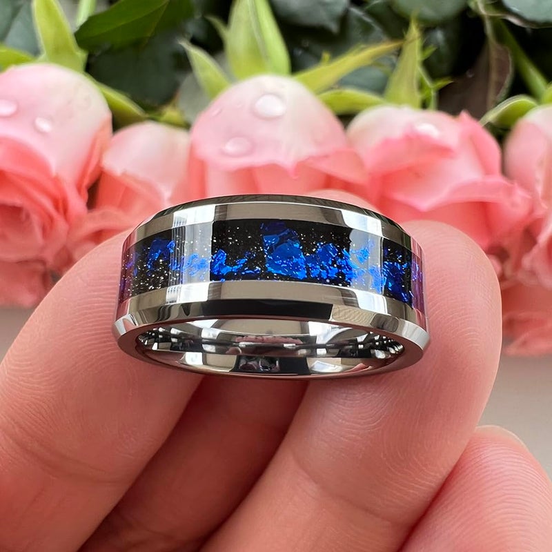 TUTISS 8mm Tungsten Rings for Men Women Blue Foil Fragment Inlay Promise Engagement Wedding Band Beveled Polished Shiny Comfort Fit Size 11 - Image 3