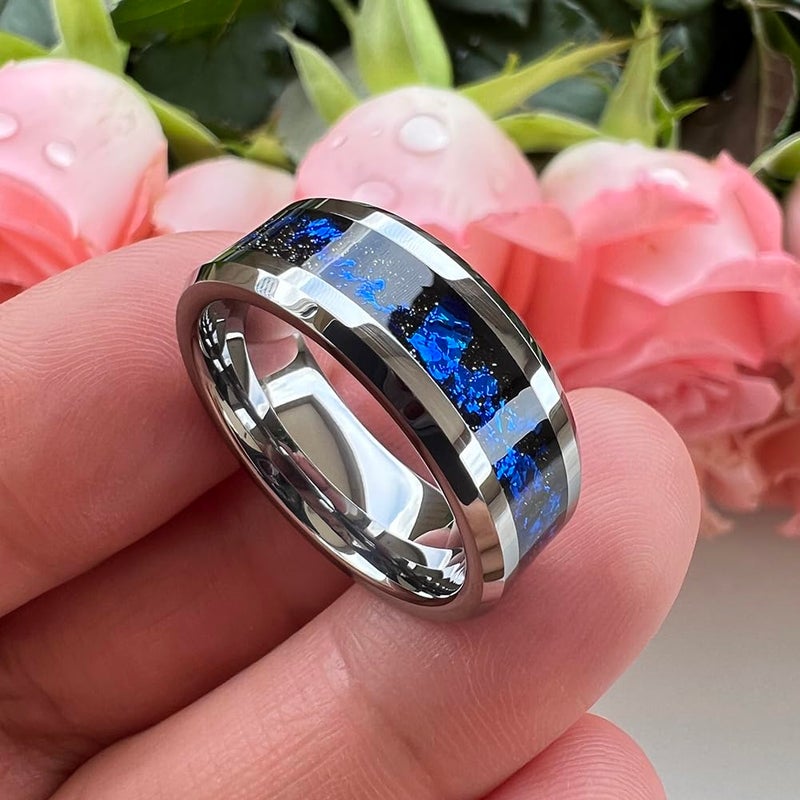 TUTISS 8mm Tungsten Rings for Men Women Blue Foil Fragment Inlay Promise Engagement Wedding Band Beveled Polished Shiny Comfort Fit Size 11 - Image 2