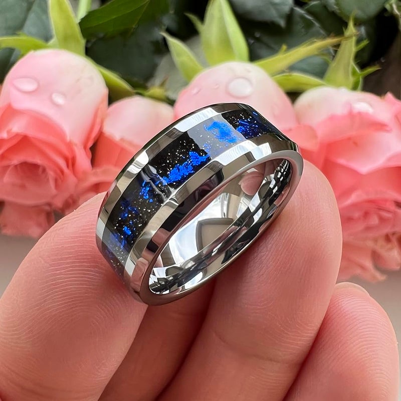 TUTISS 8mm Tungsten Rings for Men Women Blue Foil Fragment Inlay Promise Engagement Wedding Band Beveled Polished Shiny Comfort Fit Size 11 - Image 4