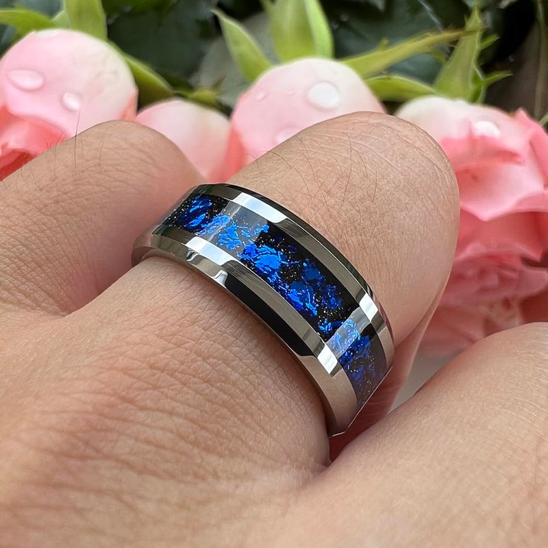 TUTISS 8mm Tungsten Rings for Men Women Blue Foil Fragment Inlay Promise Engagement Wedding Band Beveled Polished Shiny Comfort Fit Size 11 - Image 5
