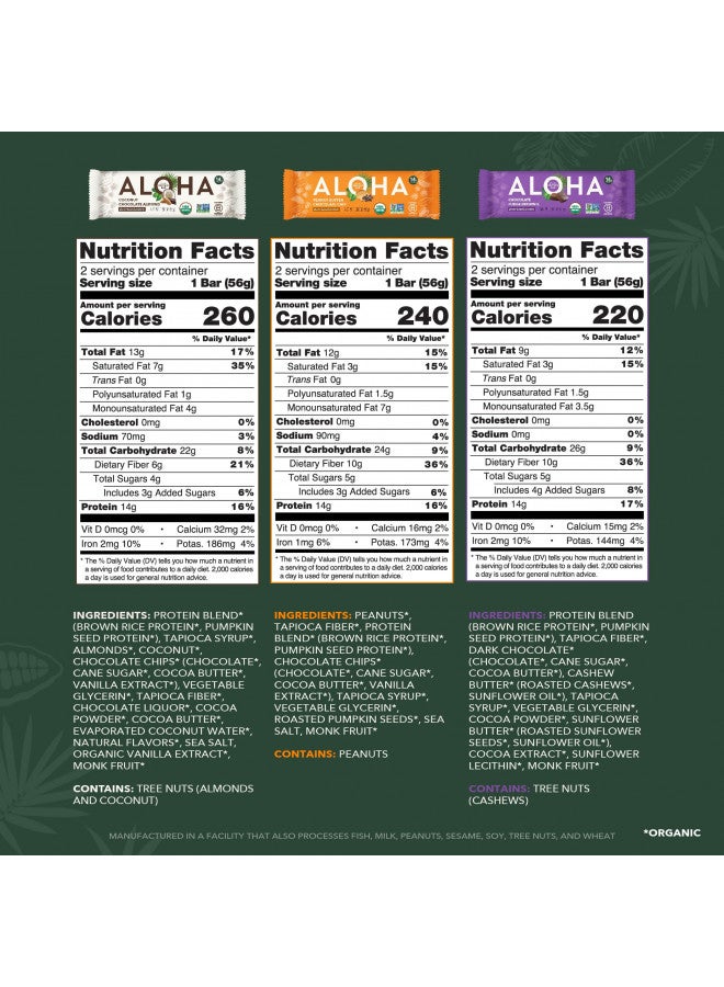 ALOHA ALOHA Organic Plant Based Protein Bars - 6 Flavor Variety Pack - 12 Count, 1.9oz Bars - Vegan Snacks, Low Sugar, Gluten-Free, Low Carb, Paleo, Non-GMO, Stevia-Free, No Sugar Alcohol Sweeteners - Image 2
