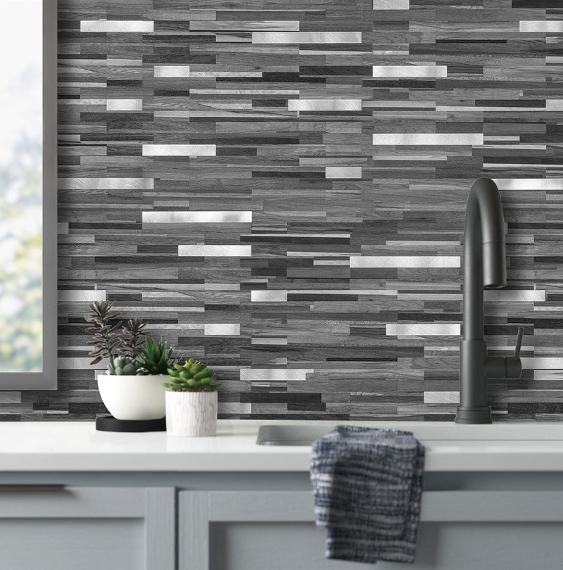 AULIGET 40 Sheets Peel and Stick Backsplash, Black & Grey Wood Look PVC Mixed Metal Stick on Backsplash Tiles for Kitchen - Image 2