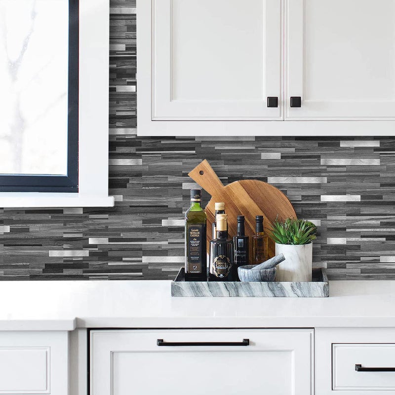 AULIGET 40 Sheets Peel and Stick Backsplash, Black & Grey Wood Look PVC Mixed Metal Stick on Backsplash Tiles for Kitchen - Image 4