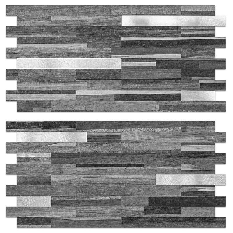 AULIGET 40 Sheets Peel and Stick Backsplash, Black & Grey Wood Look PVC Mixed Metal Stick on Backsplash Tiles for Kitchen - Image 1