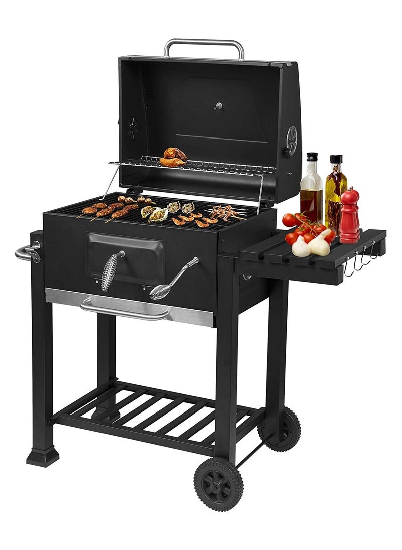 XiuWoo Charcoal grill trolley charcoal tray height adjustable with wheels bottle opener stand grill barbecue grill for BBQ garden camping balcony, black  - Image 2