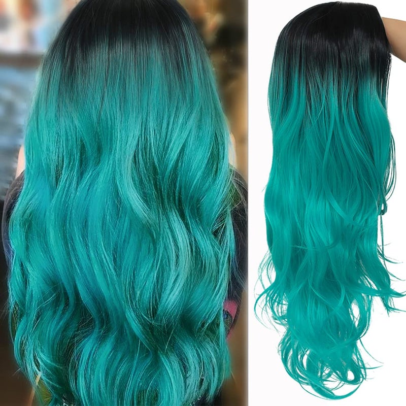 Swiking Curly Ombre Bluish Green Wigs for Women Long Wavy Natural Middle Part Dark Roots Blue Wave Hair Wigs Synthetic Wig for Party Cospaly Halloween - Image 1