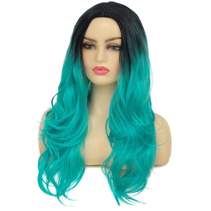 Swiking Curly Ombre Bluish Green Wigs for Women Long Wavy Natural Middle Part Dark Roots Blue Wave Hair Wigs Synthetic Wig for Party Cospaly Halloween - Image 3