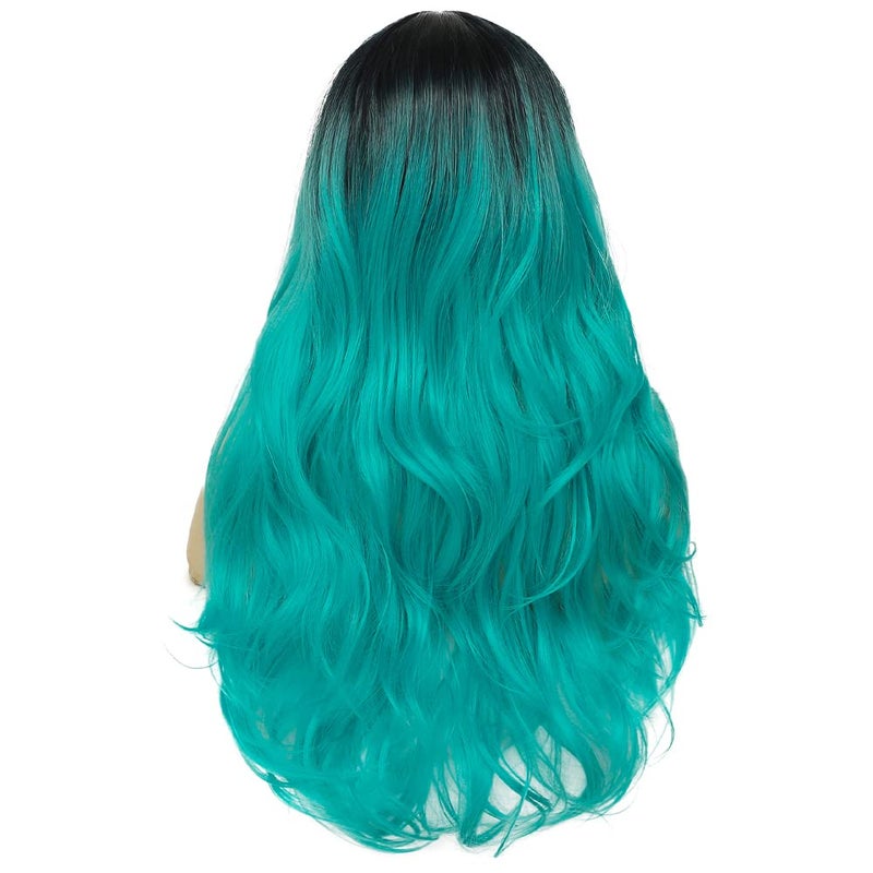 Swiking Curly Ombre Bluish Green Wigs for Women Long Wavy Natural Middle Part Dark Roots Blue Wave Hair Wigs Synthetic Wig for Party Cospaly Halloween - Image 5