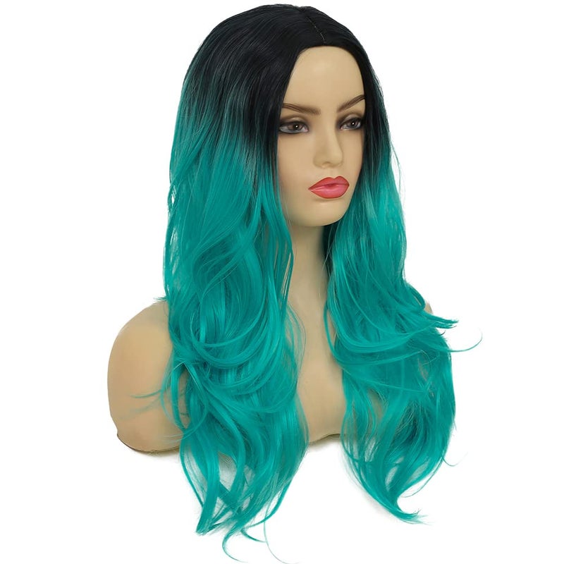 Swiking Curly Ombre Bluish Green Wigs for Women Long Wavy Natural Middle Part Dark Roots Blue Wave Hair Wigs Synthetic Wig for Party Cospaly Halloween - Image 4
