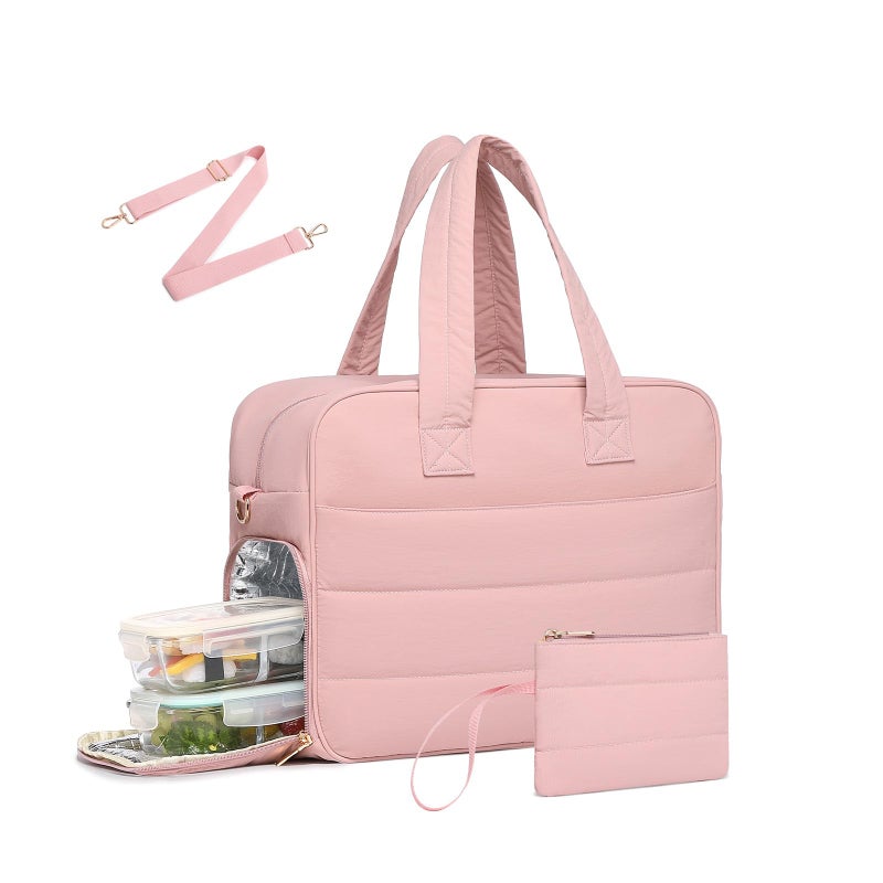 Lunch Tote Bag for Women Work 173 Inch Laptop Purse with Insulated Lunch Compartment Coin Wallet for Meal Large Puffy Quilted Travel Duffle Bag Pink