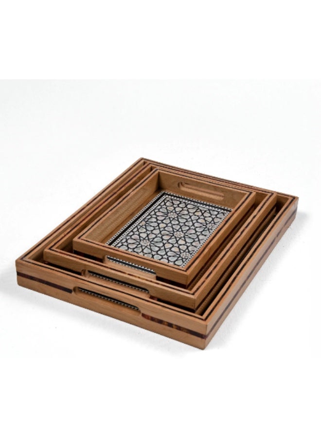 Handmade Piece Beech Wood Rectangular Serving Tray Set Inlaid with Natural Shell & Mother of Pearl, Brown & White - Image 2