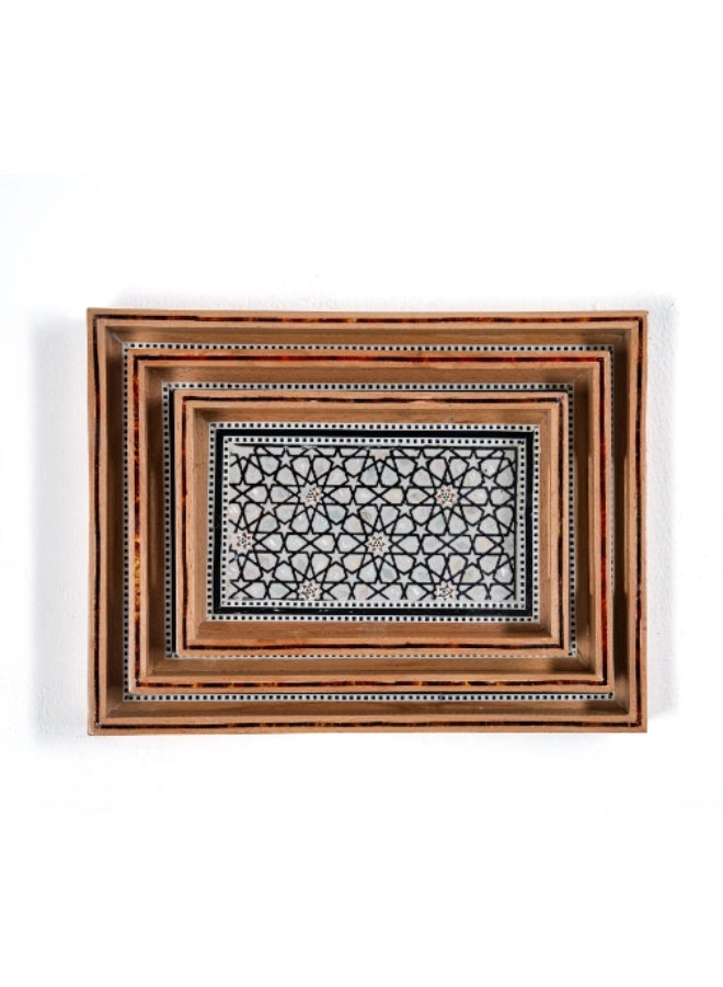 Handmade Piece Beech Wood Rectangular Serving Tray Set Inlaid with Natural Shell & Mother of Pearl, Brown & White - Image 1