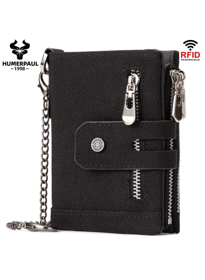 Hummer Paul Top Layer Cowhide Wallet Multi Card Bit Genuine Leather Men's Retro RFID Anti-Scan Shielded Wallet-Colour:Black OxFord Cloth (black Leather Inside) - Image 1