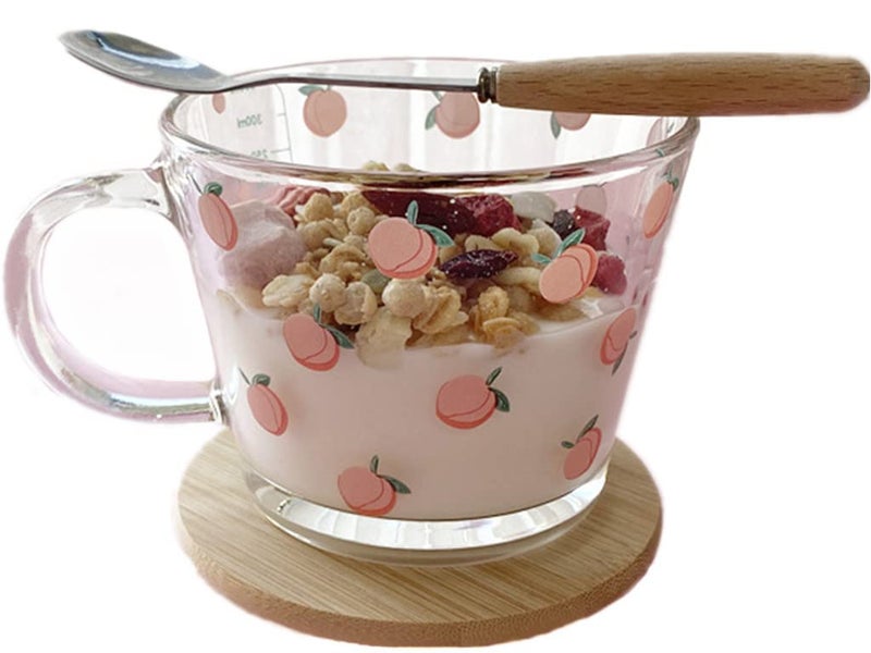 yaocoral 12 OZ Kawaii Mug Peach Glass Cup with MeasurementsGlass Coffee Mug Cup with Handle for CoffeeLatteJuiceMilkYogurtDessertTeaBreakfast Oatmeal Cup