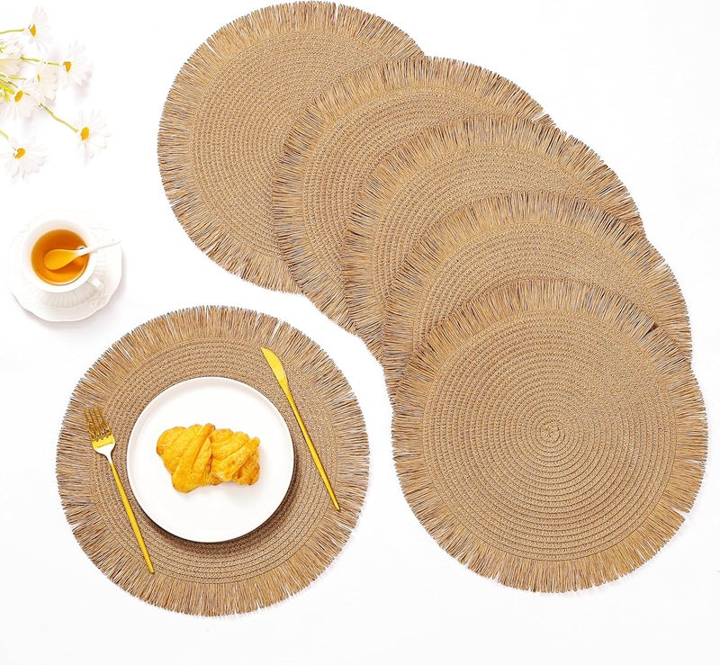 IcosaMro Light Brown Round Placemats Set of 6 for Dining Table 15 Inch Dark Khaki Paper Woven Boho Decorative Circle Place Mat for Wedding Christmas Thanksgiving Day Holiday Dinner Light Brown - Image 1