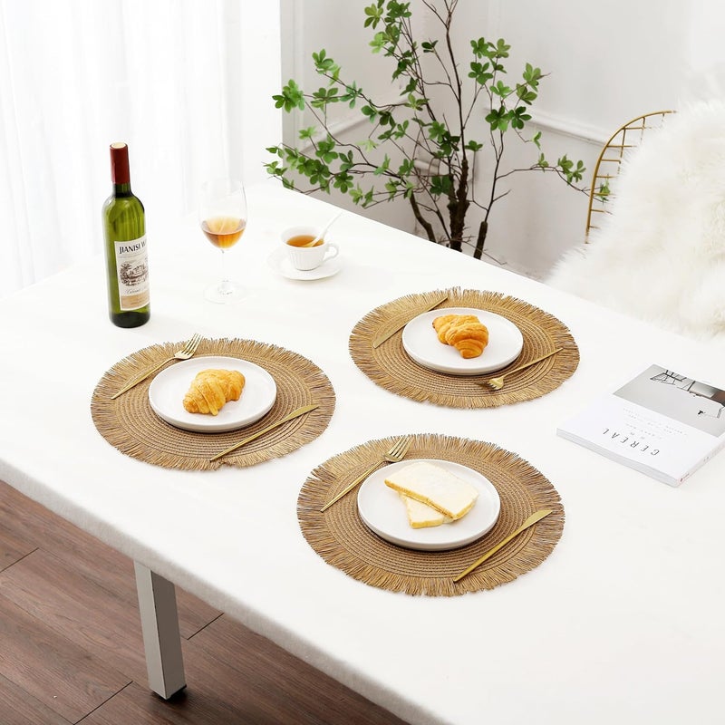 IcosaMro Light Brown Round Placemats Set of 6 for Dining Table 15 Inch Dark Khaki Paper Woven Boho Decorative Circle Place Mat for Wedding Christmas Thanksgiving Day Holiday Dinner Light Brown - Image 4