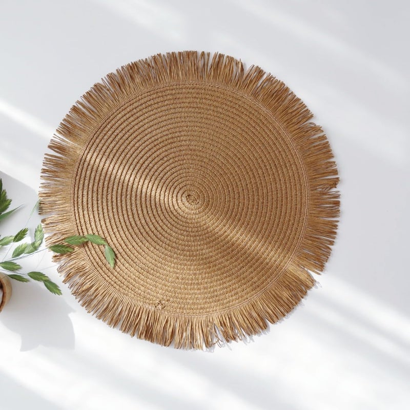 IcosaMro Light Brown Round Placemats Set of 6 for Dining Table 15 Inch Dark Khaki Paper Woven Boho Decorative Circle Place Mat for Wedding Christmas Thanksgiving Day Holiday Dinner Light Brown - Image 5