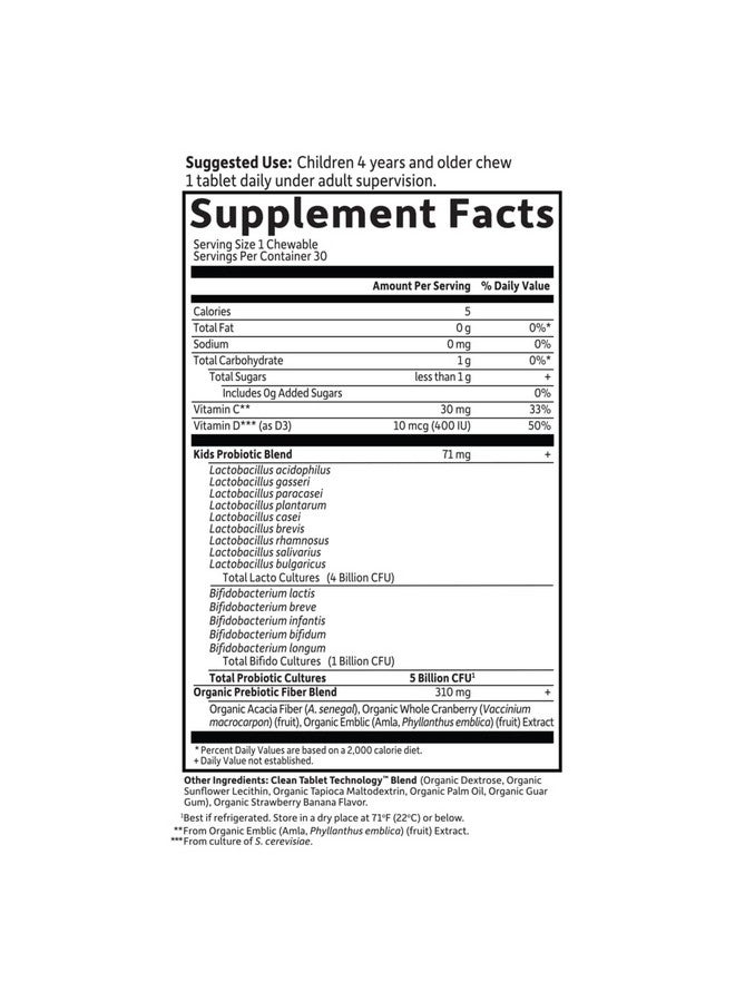 Garden of Life Garden of Life Dr. Formulated Probiotics Organic Kids+ Plus Vitamin C & D - Strawberry Banana., 5 Billion CFU Gluten Dairy & Soy Free Immune & Digestive Health Supplement, No Added Sugar, 30 Chewables  - Image 5