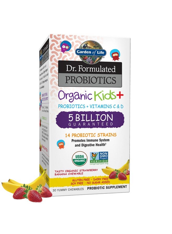 Garden of Life Garden of Life Dr. Formulated Probiotics Organic Kids+ Plus Vitamin C & D - Strawberry Banana., 5 Billion CFU Gluten Dairy & Soy Free Immune & Digestive Health Supplement, No Added Sugar, 30 Chewables  - Image 1