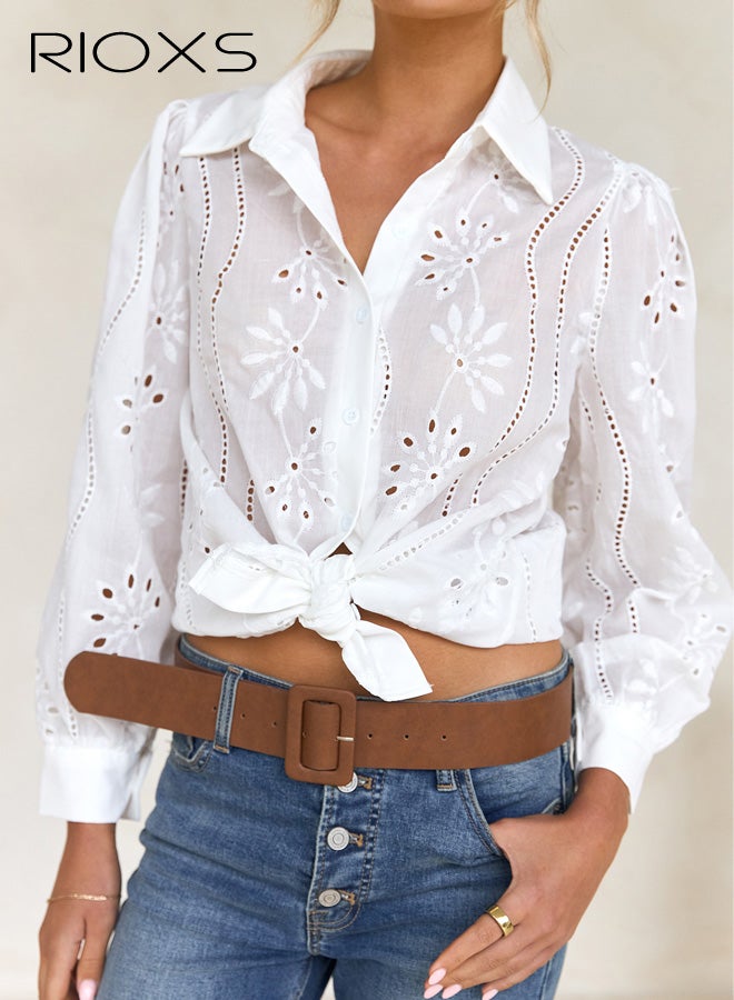 RIOXS Womens Long Puff Sleeve Blouse, Casual V Neck Button Down Hollow Out Shirt, Going Out Dressy Tops Fall Outfits for Party, Street, Dating, Vacation, White - Image 2