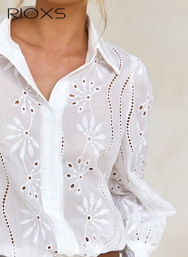 RIOXS Womens Long Puff Sleeve Blouse, Casual V Neck Button Down Hollow Out Shirt, Going Out Dressy Tops Fall Outfits for Party, Street, Dating, Vacation, White - Image 3