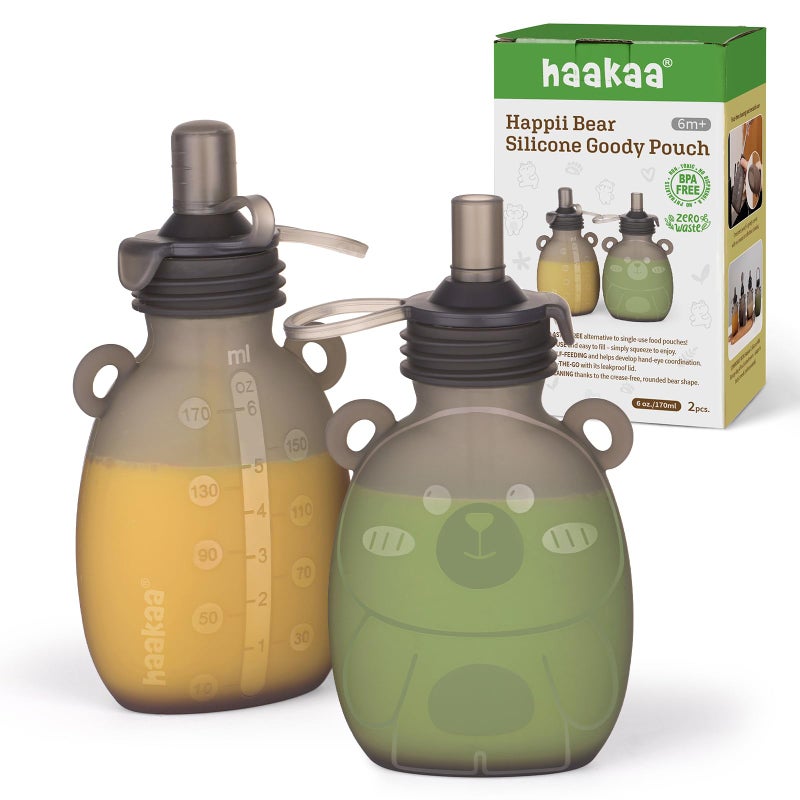 haakaa Happii Bear Silicone Goody PouchReusable Baby Food Pouches for Homemade Organic Purees Juices Smoothies and Yogurt Perfect for Toddlers and Kids 2 Pack 6oz - Image 2