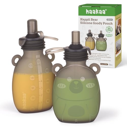 haakaa Happii Bear Silicone Goody PouchReusable Baby Food Pouches for Homemade Organic Purees Juices Smoothies and Yogurt Perfect for Toddlers and Kids 2 Pack 6oz - Image 1