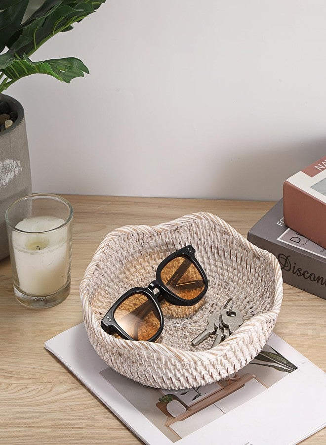 Hipiwe Round Key Tray Handmade Natural Ratta Keys Holder Wicker Fruite Bowl Serving Tray for Coffee Table Desk Livingroom, Small, Whitewash - Image 2