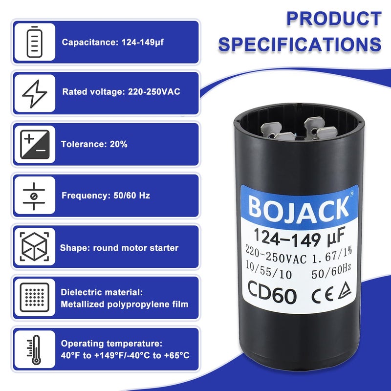 BOJACK 124-149µf/Mfd Round Universal Start Capacitor 220-250Vac 50/60Hz - Electrical Replacement Parts - Image 3