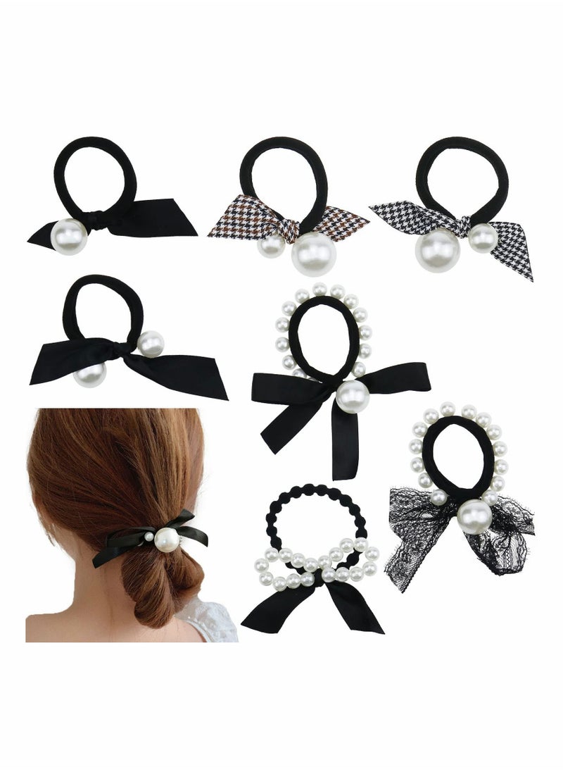 Y&D 7 Pcs Pearl Black Elastic Hair Ties Ponytail Holders Rubber Band Ropes Headbands Accessories Scrunchie for Women Girls  - Image 1