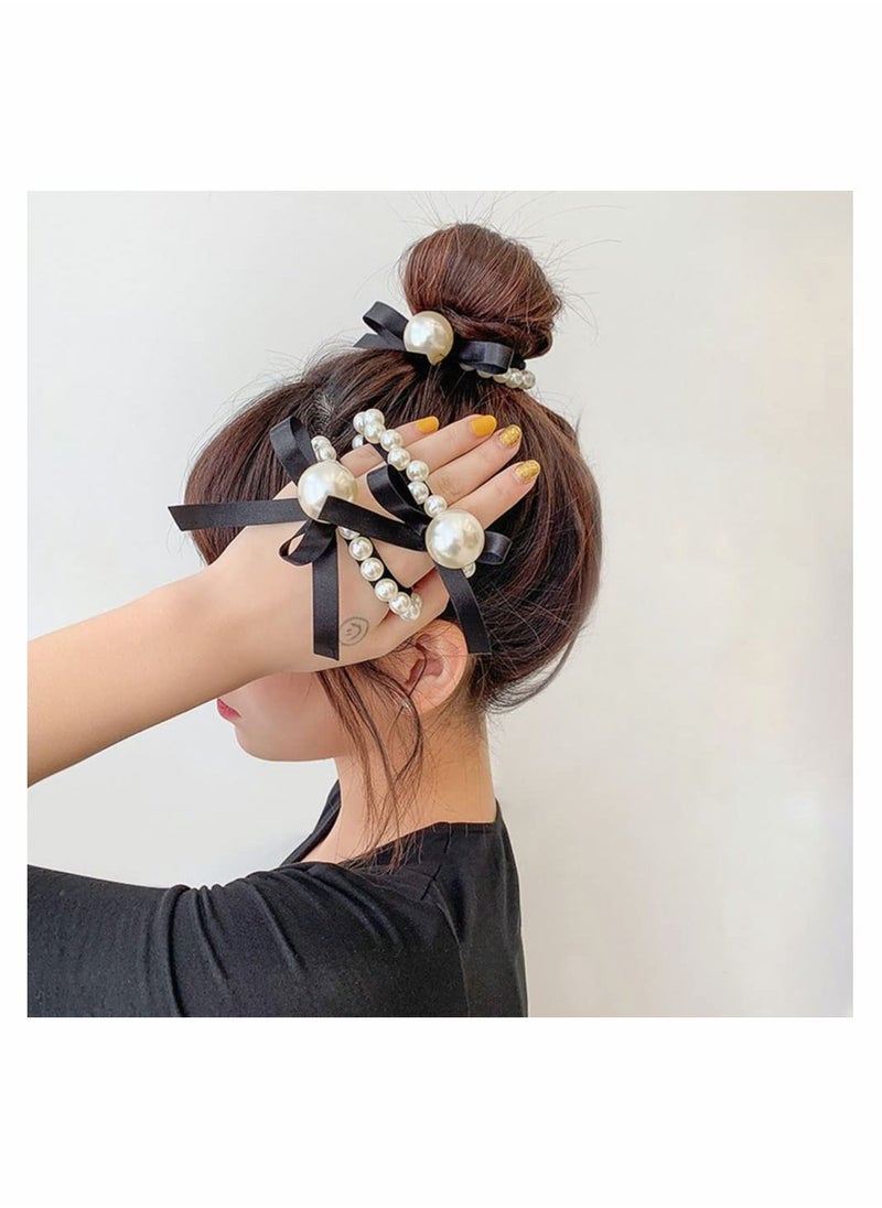 Y&D 7 Pcs Pearl Black Elastic Hair Ties Ponytail Holders Rubber Band Ropes Headbands Accessories Scrunchie for Women Girls  - Image 2