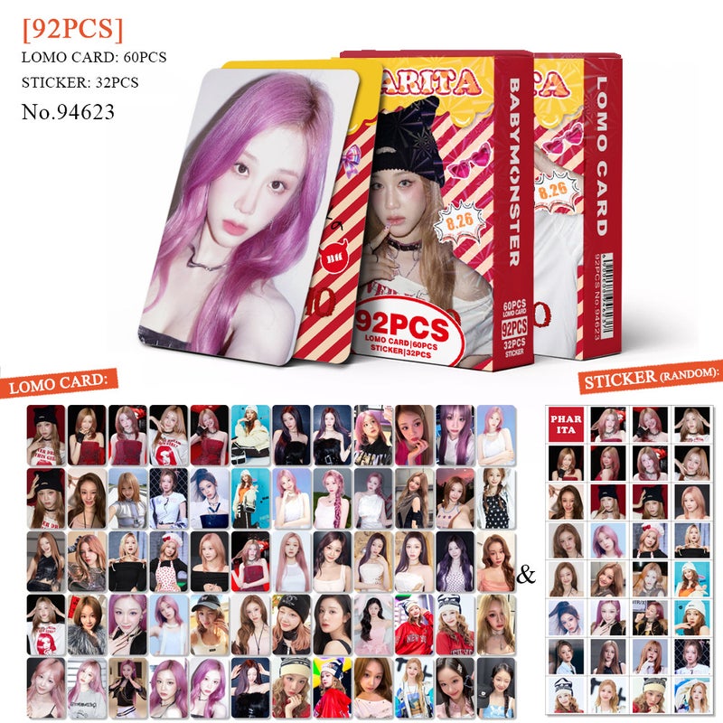 BabyMonster Lomocard & Sticker Set – 92PCS (60 Lomocards + 32 Random Stickers) | Aesthetic Photo Card Collection for Fans