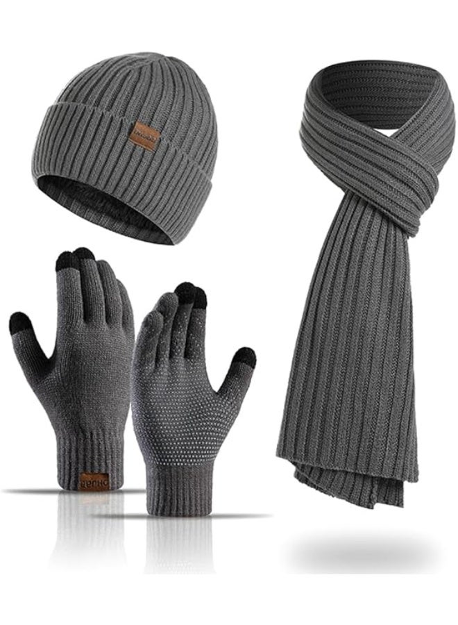 AGREON 3Pcs Winter Beanie Hat Scarf Gloves Set for Men Womens Ski Cap Touch Screen Mittens Suit Couples Matching Hats - Image 1