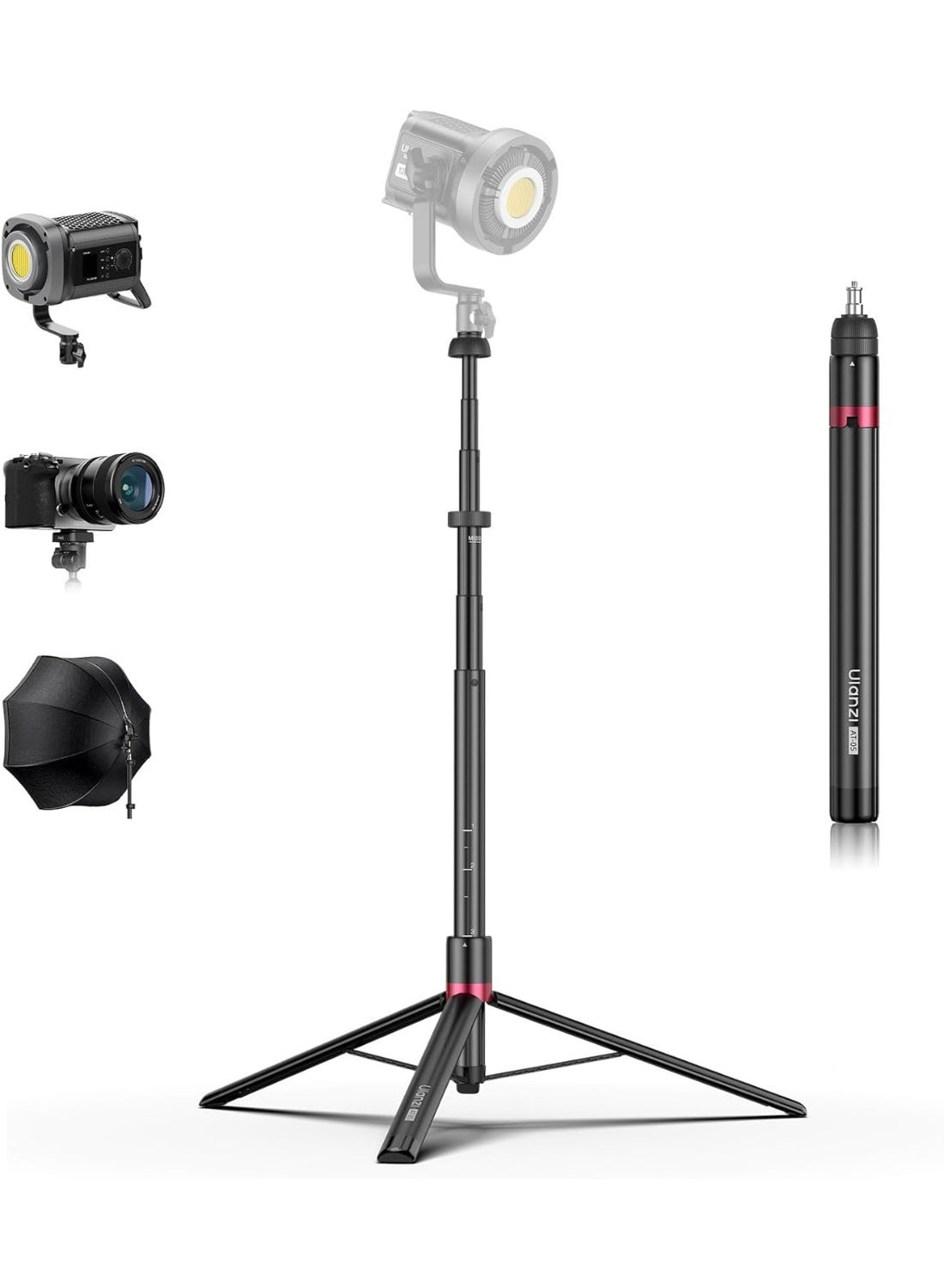 ULANZI AT-05 2M Heavy Duty Foldable Light Stand, 6.56ft Extendable Tripod for Strobe Lights, Webcams, Cameras & Softboxes, Bearable Load up to 5kg