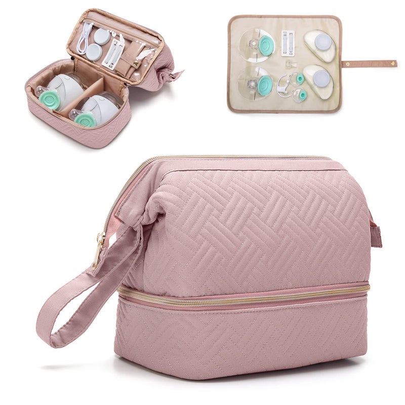 Fasrom Wearable Breast Pump Bag Compatible with Momcozy Medela and Elvie Pumps Double Layer Pump Carrying Case with Waterproof Mat and Insulated Pockets for Working Moms Pink Bag Only