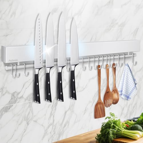Pailexin 23 Inch Magnetic Knife Holder for Wall - Stainless Steel Magnet Knife Strip No Drill with 15 Hooks/Adhesive Tape/Screws, Kitchen Utensil Holder, Magnetic Knife Organizer, Wall Mounted Knife Storage - Image 1