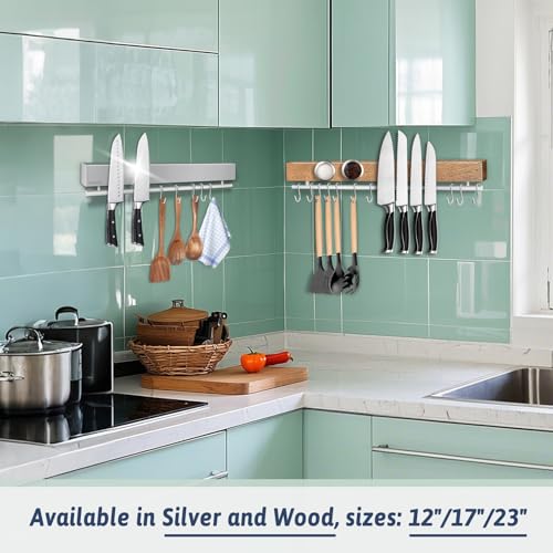 Pailexin 23 Inch Magnetic Knife Holder for Wall - Stainless Steel Magnet Knife Strip No Drill with 15 Hooks/Adhesive Tape/Screws, Kitchen Utensil Holder, Magnetic Knife Organizer, Wall Mounted Knife Storage - Image 2