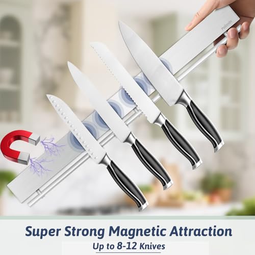 Pailexin 23 Inch Magnetic Knife Holder for Wall - Stainless Steel Magnet Knife Strip No Drill with 15 Hooks/Adhesive Tape/Screws, Kitchen Utensil Holder, Magnetic Knife Organizer, Wall Mounted Knife Storage - Image 4
