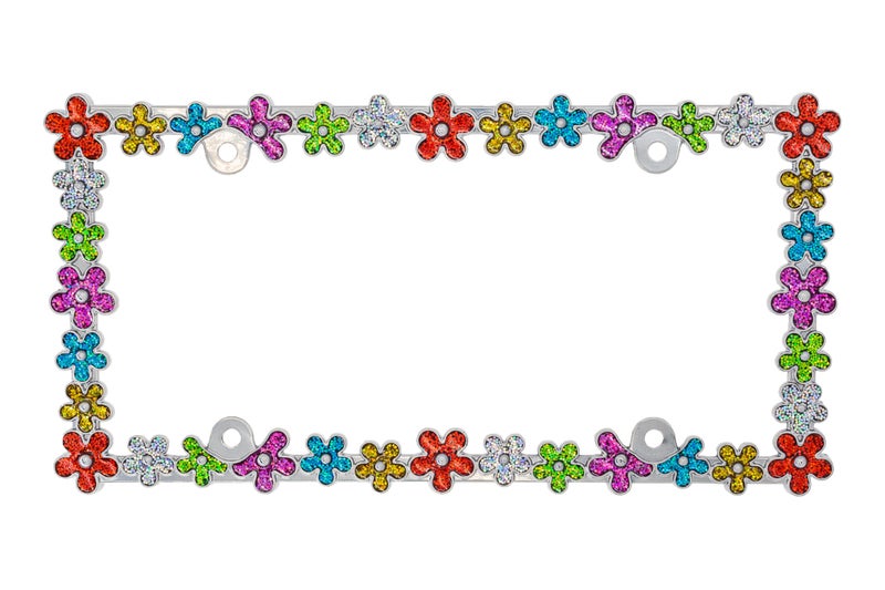 Creathome 3D Shining Daisy Wrenth License Plate Frame from Pure Zinc Alloy Metal Perfect Plate Holder, Chrome with Colorful Glitter - Image 2