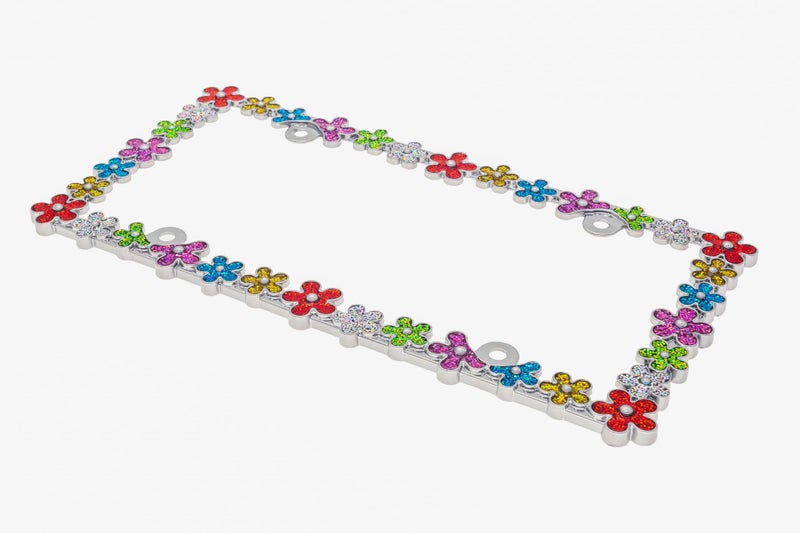 Creathome 3D Shining Daisy Wrenth License Plate Frame from Pure Zinc Alloy Metal Perfect Plate Holder, Chrome with Colorful Glitter - Image 4