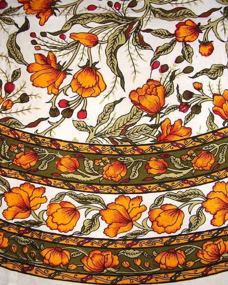 India Arts French Floral Tablecloth 70 Inch Round Olive and Saffron