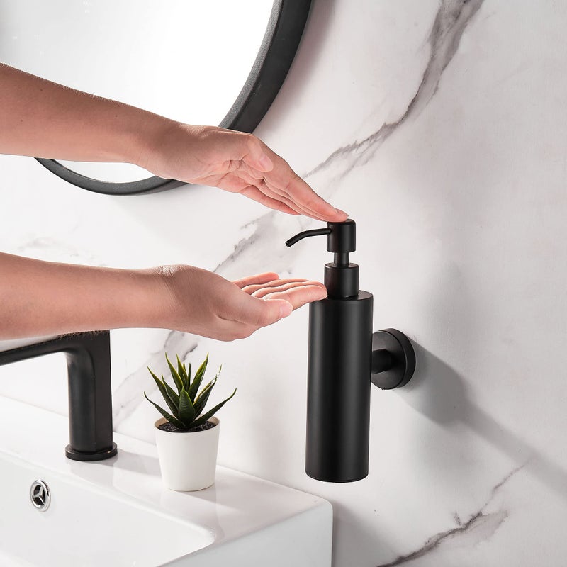 BATHSIR Matte Black Soap Dispenser Refillable Shower Soap Dispenser Wall Mounted Stainless Steel Clear Hand Soap Dispenser with Pump for Bathroom Kitchen Sink DishRound 200ML - Image 2