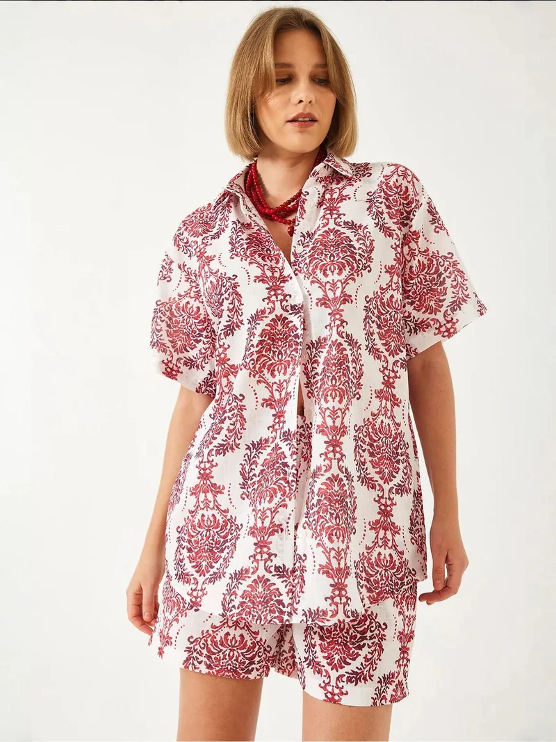 Bianco Lucci LUCCI Short Sleeve Shirt and Wide Leg Shorts Coordinated Set