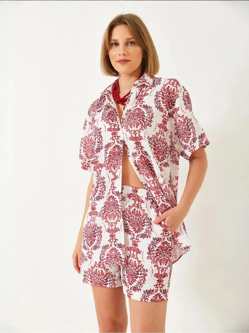 Bianco Lucci LUCCI Short Sleeve Shirt and Wide Leg Shorts Coordinated Set
